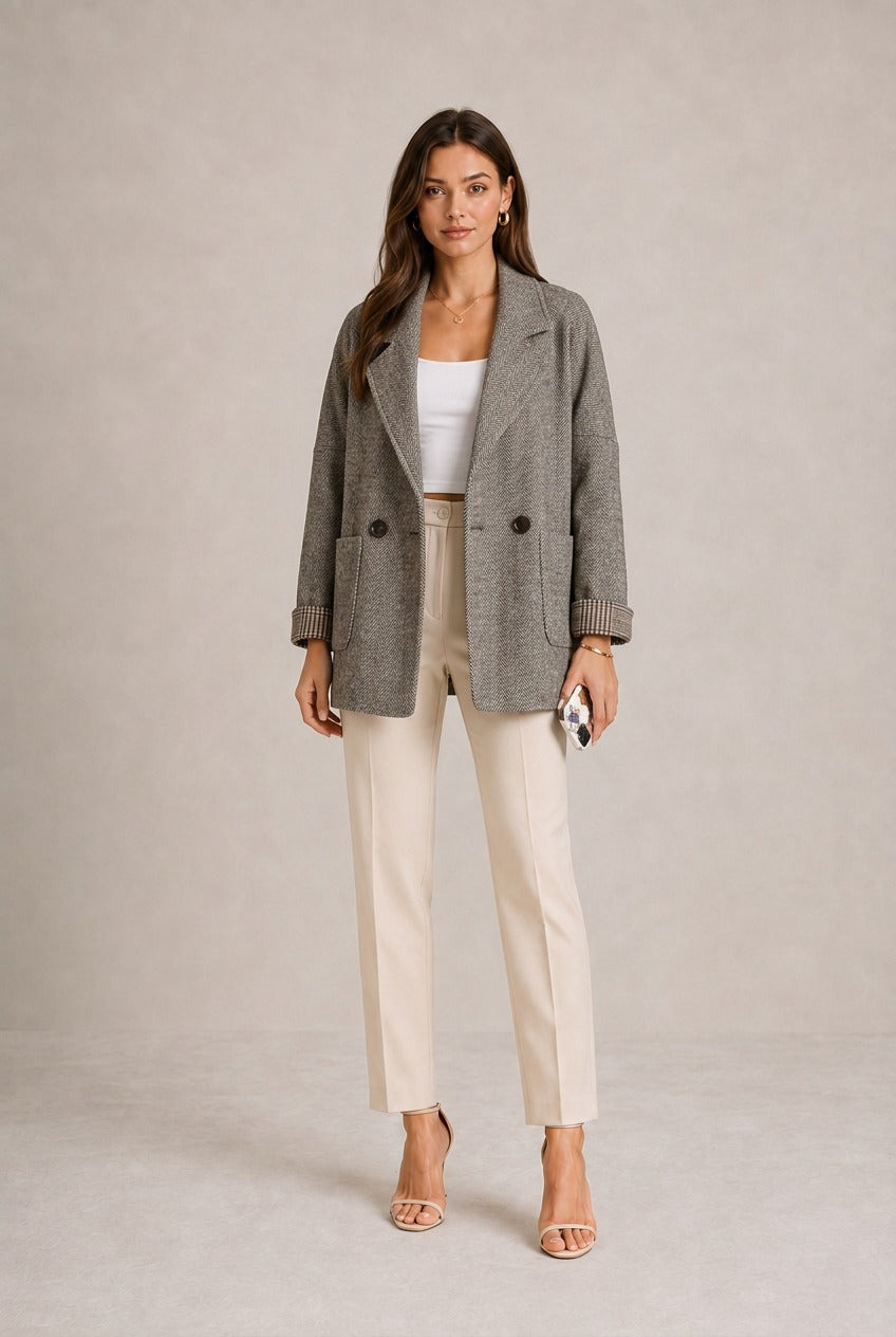 Cortona Herringbone Double-Breasted Blazer