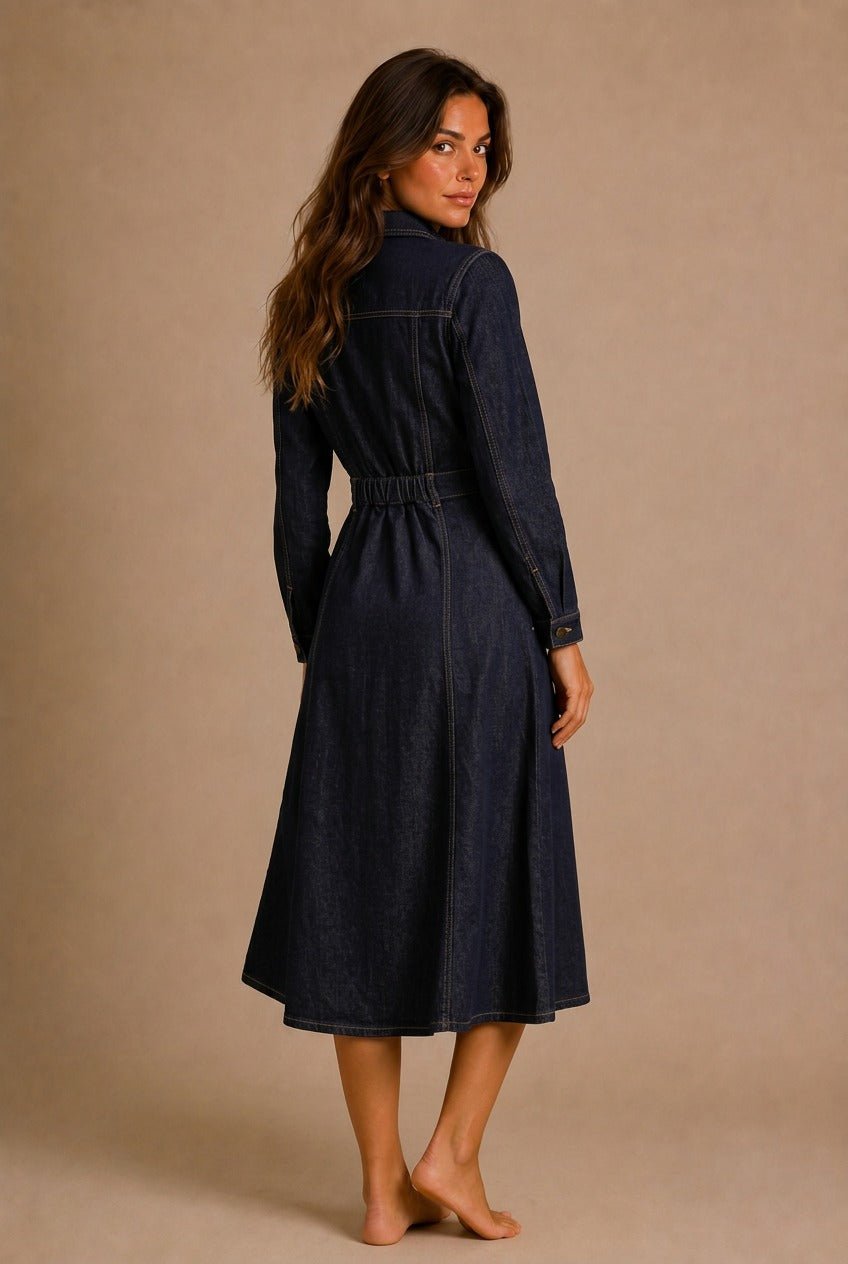 Siena Cinched-Waist Denim Midi Dress
