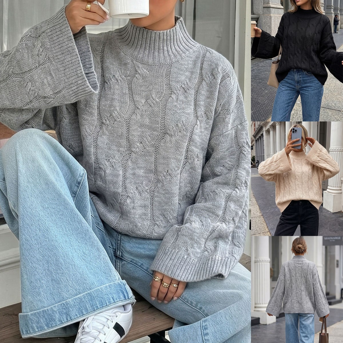 Colmar Mock Neck Cable-Knit Sweater