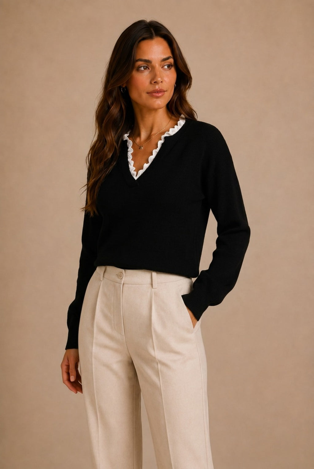 Siena Ruffle Trim V-Neck Sweater