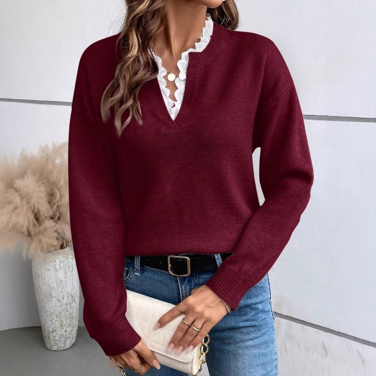 Siena Ruffle Trim V-Neck Sweater