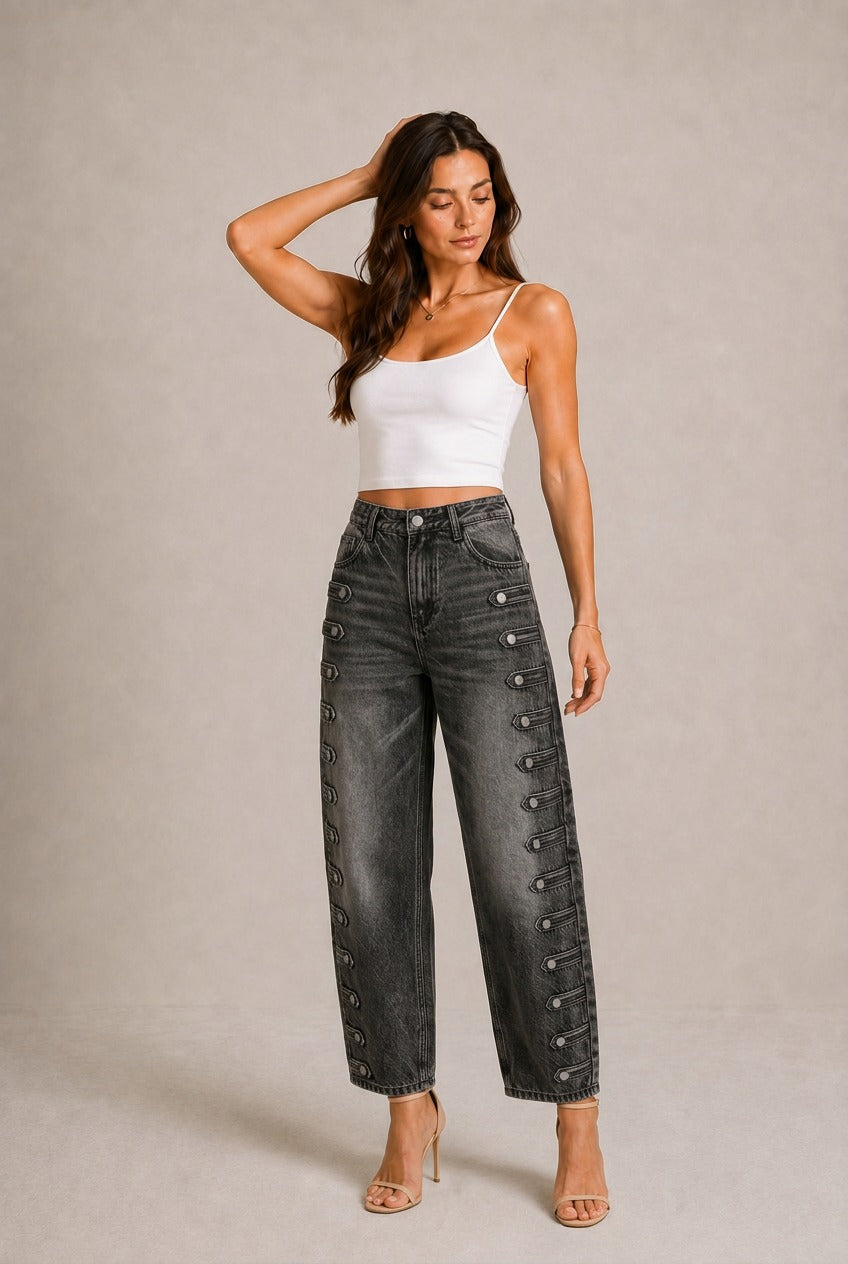 Asti Button Detail Wide-Leg Jeans