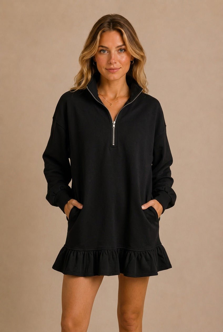 Asti Ruffle Half-Zip Sweatshirt Mini Dress