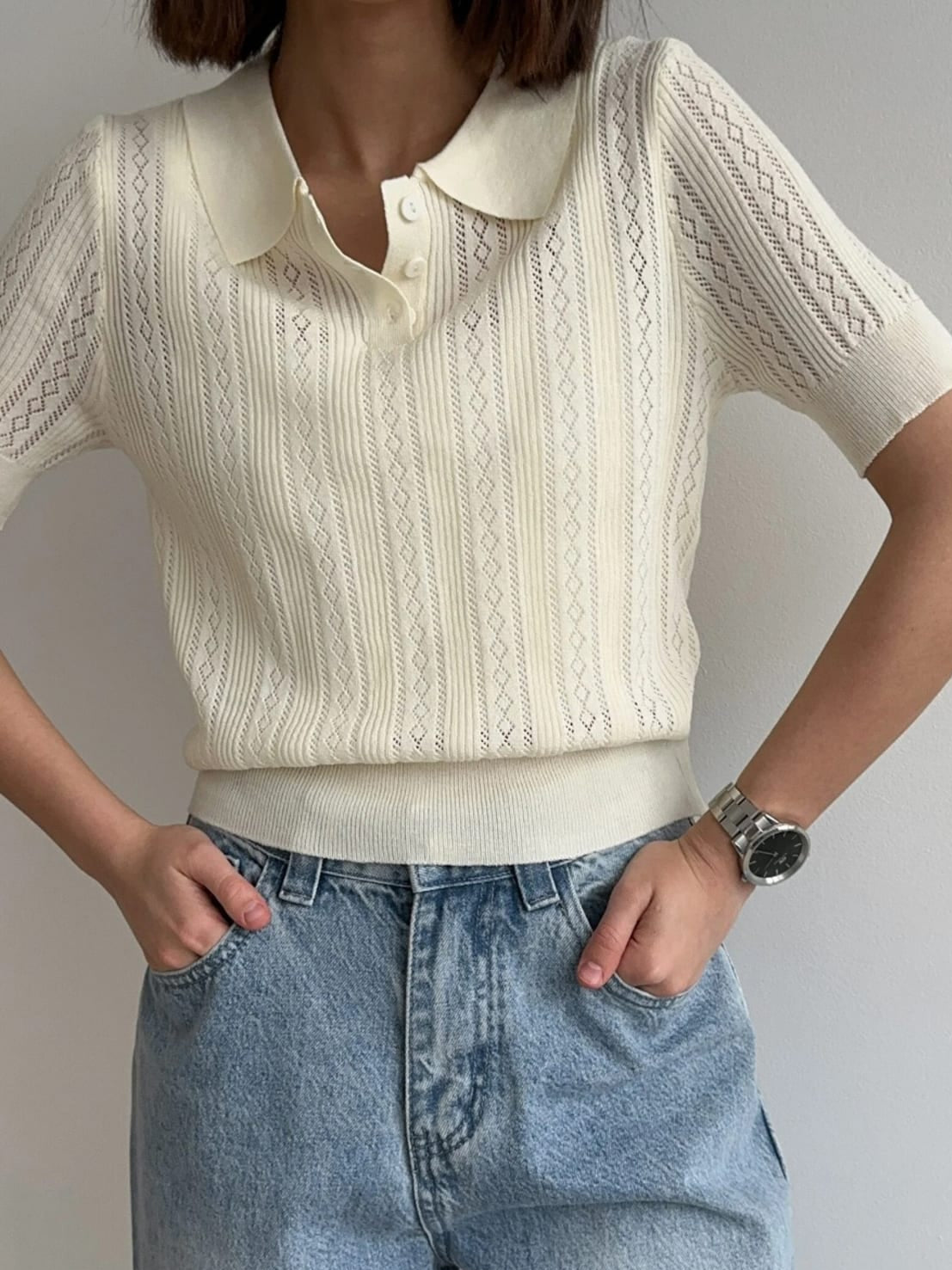 Barolo Openwork Knit Short Sleeve Polo Sweater