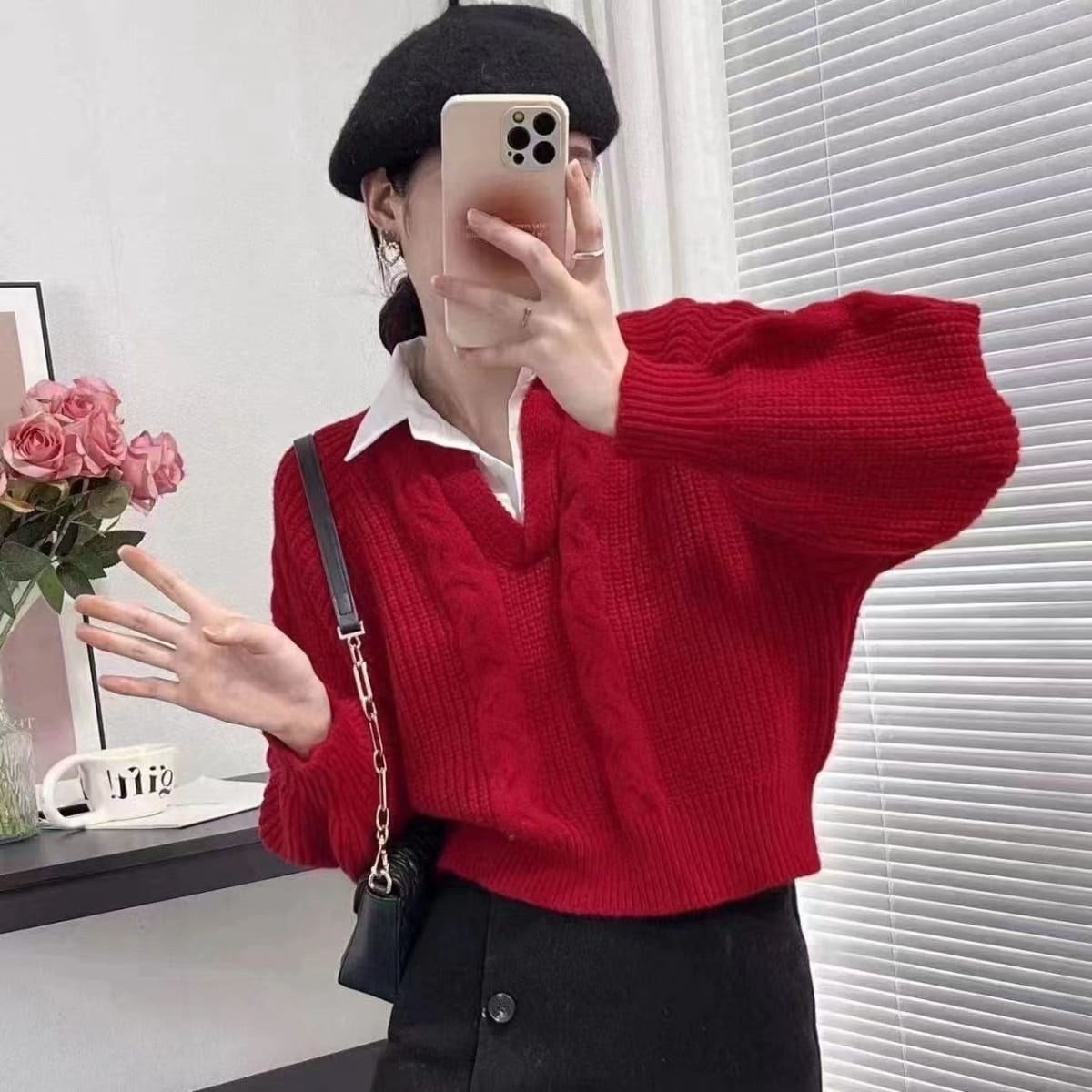 Chianti Puff-Sleeve Cable-Knit Sweater