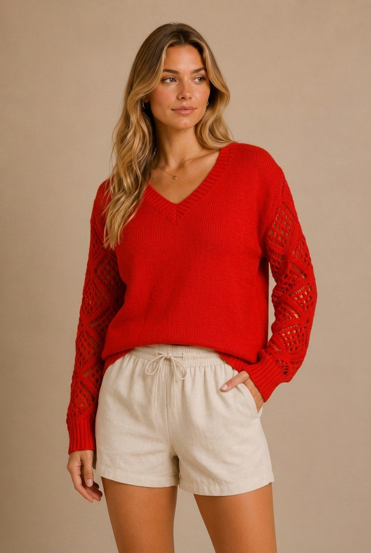 Chianti Open-Knit Sleeve Sweater