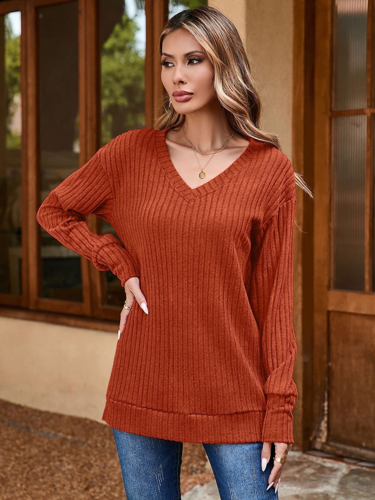 Arezzo Ribbed V-Neck Sweater