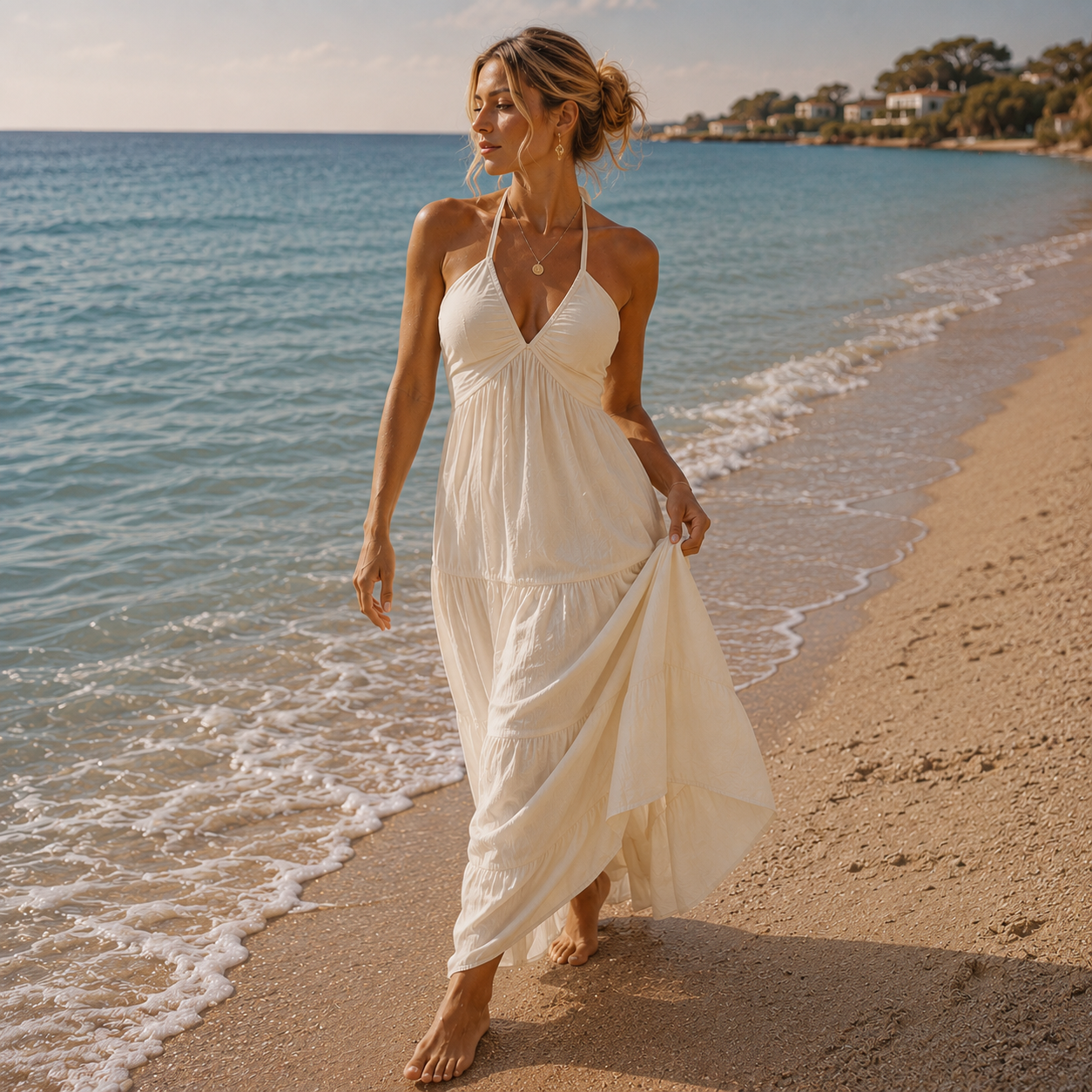 sand classic nature maxi dress Halter Maxi Dress - Flowing Crinkle Mediterranean Style