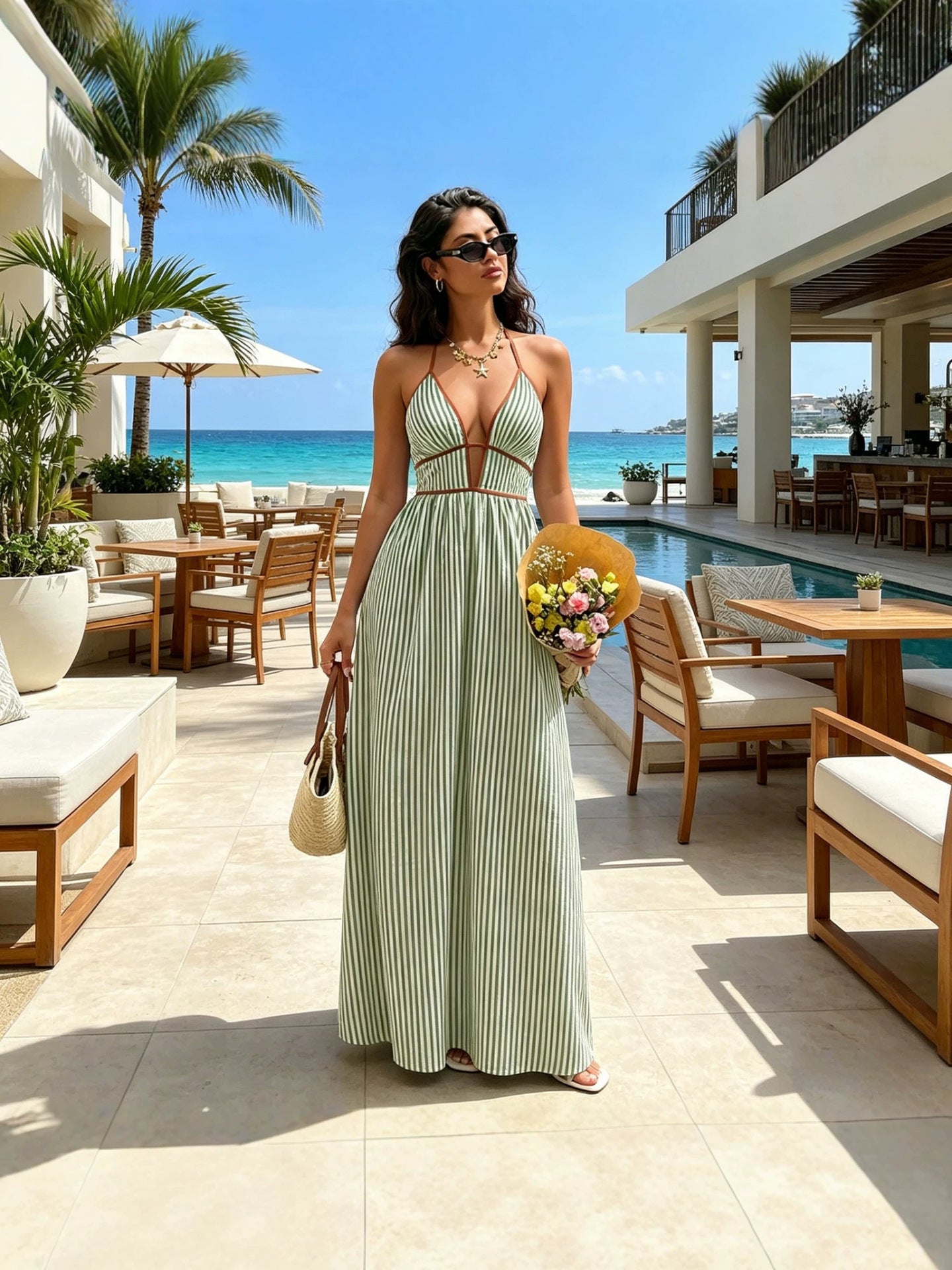 Santorini Plunging Halter Maxi Dress