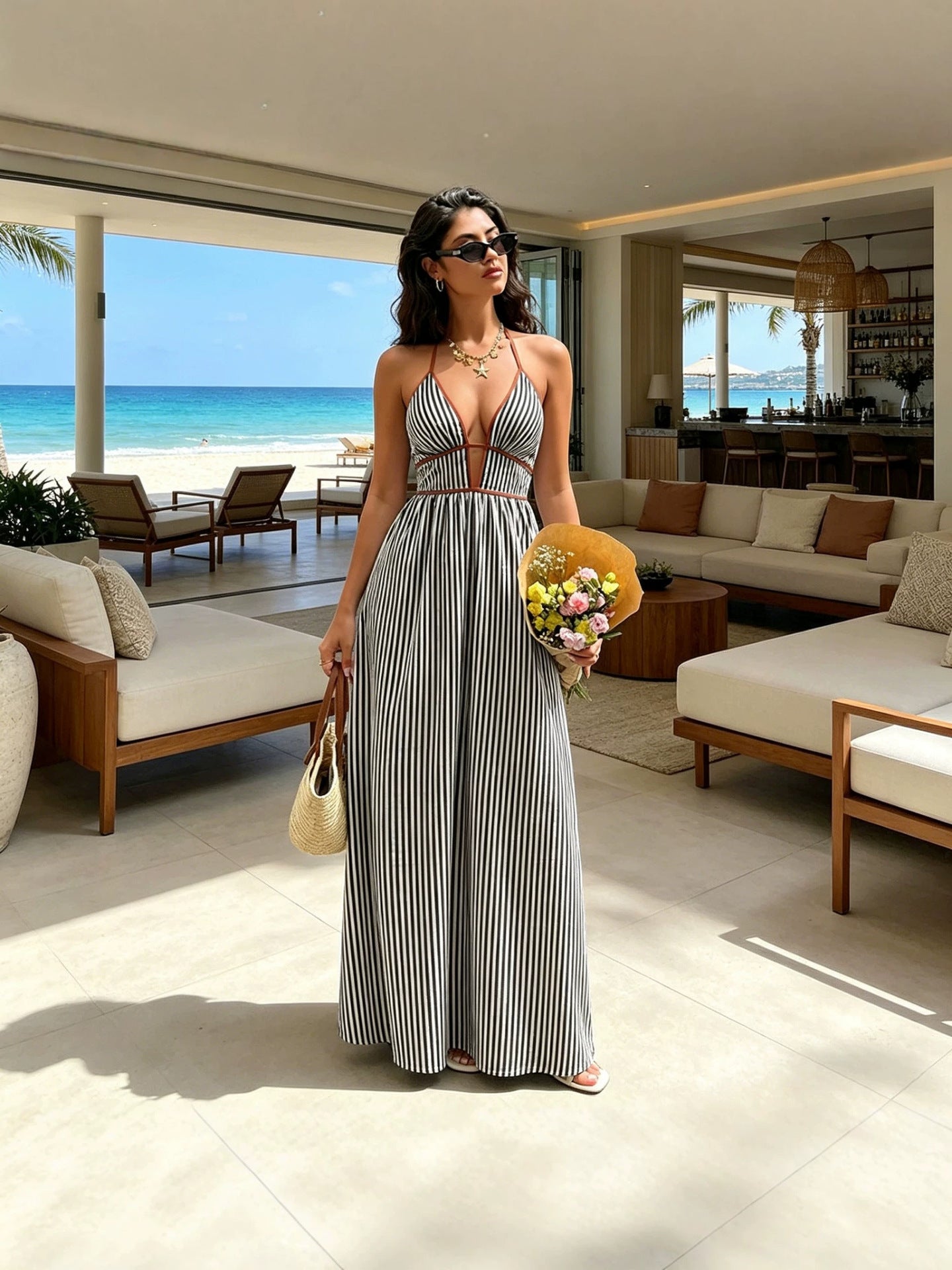 Santorini Plunging Halter Maxi Dress
