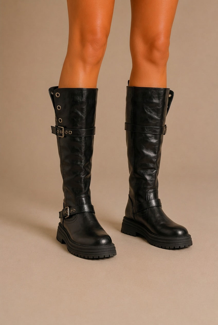 Cortona Buckle Combat Knee-High Boots