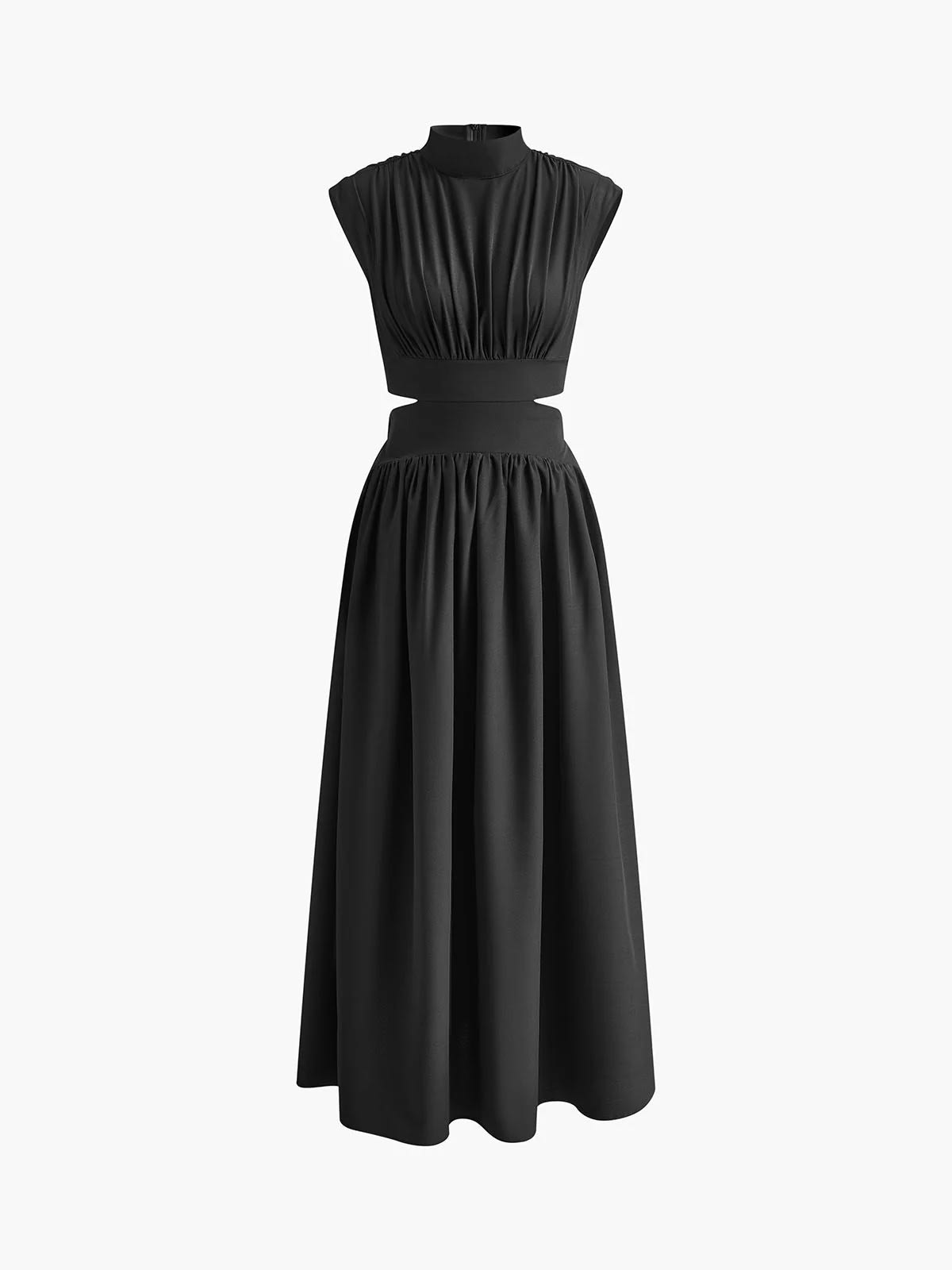 Sleeveless mock neck maxi dress with side cutouts and gathered skirt.