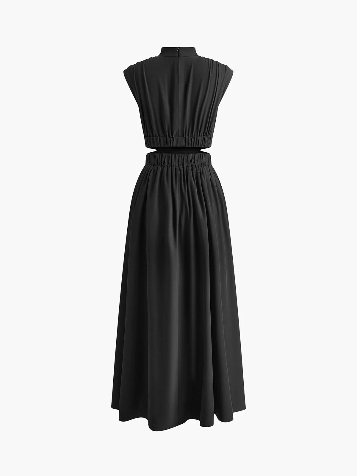 Sleeveless mock neck maxi dress with side cutouts and gathered skirt.