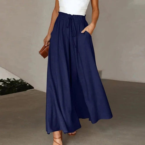 High-waisted wide-leg palazzo pants with drawstring waist.