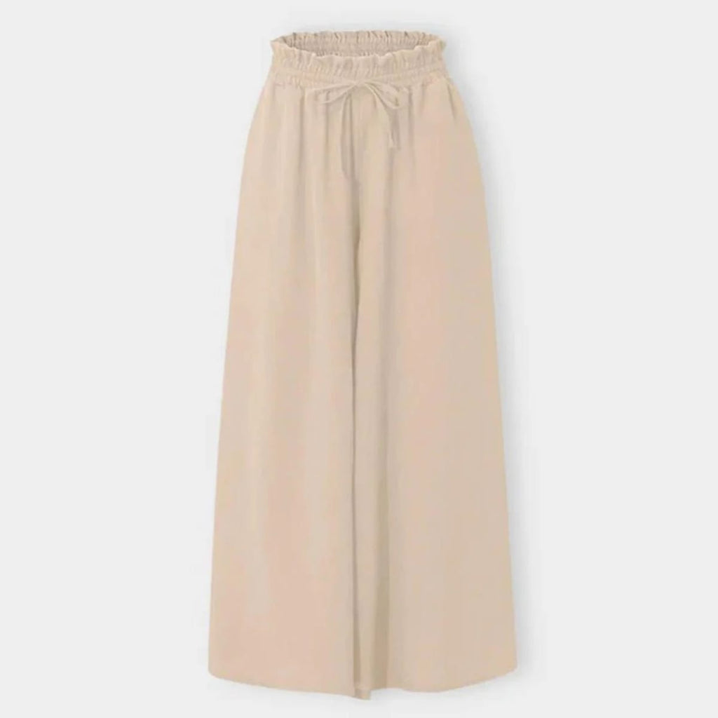 High-waisted wide-leg palazzo pants with drawstring waist.