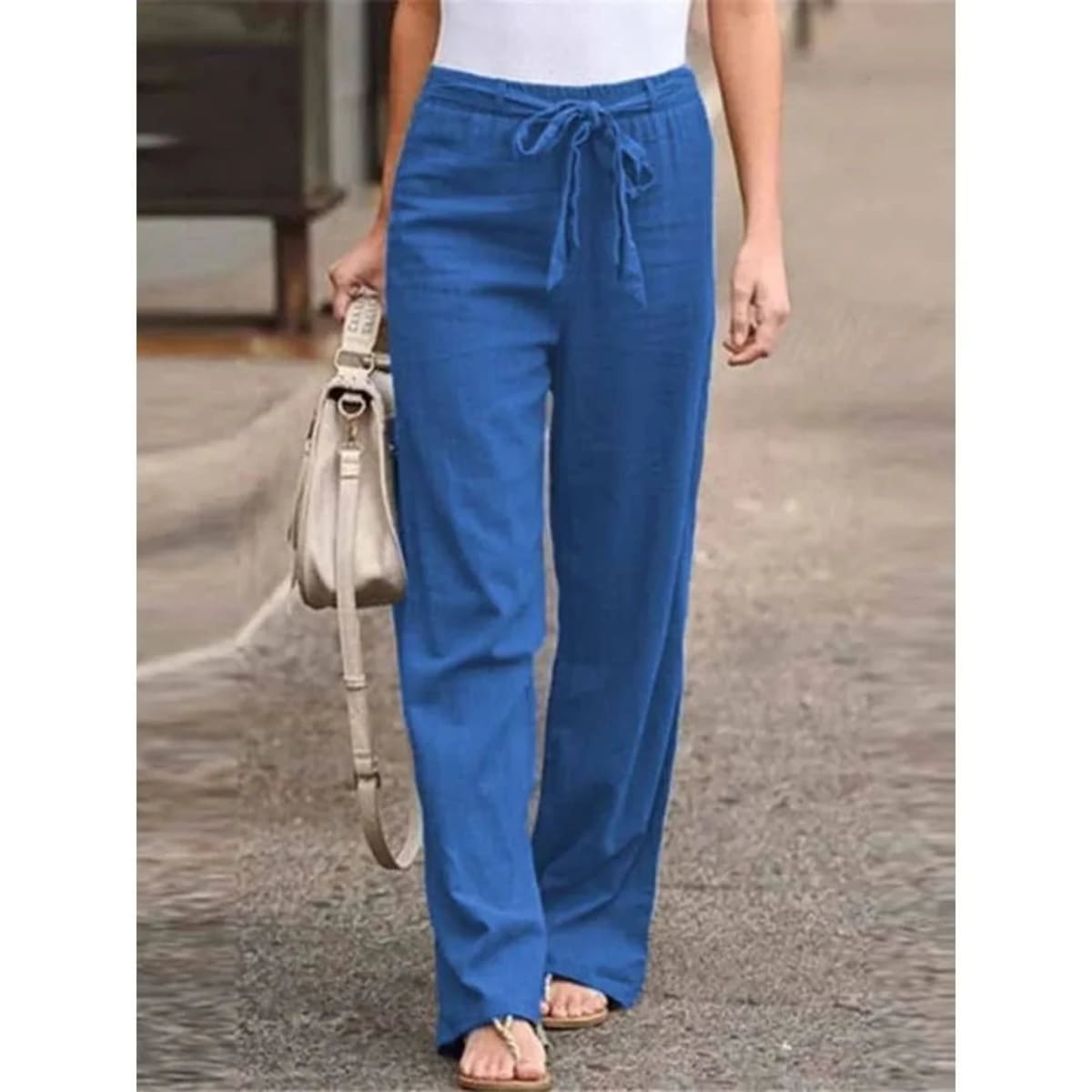 Women's wide-leg pants with drawstring waist, relaxed fit.