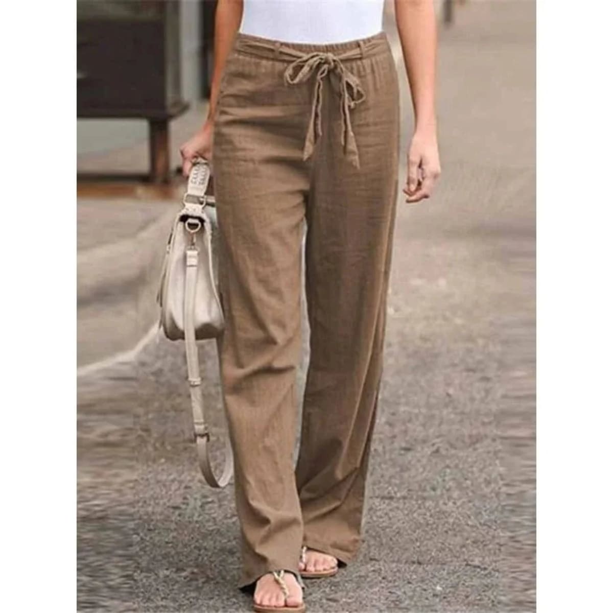 Women's wide-leg pants with drawstring waist, relaxed fit.