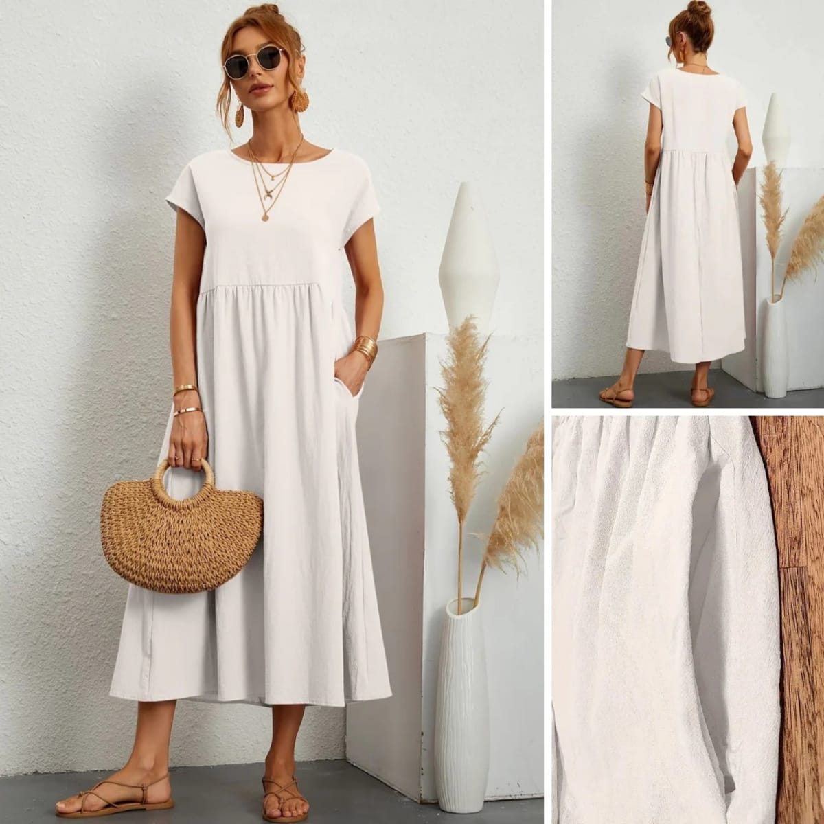 Lightweight dress with flowing silhouette and refined neckline.