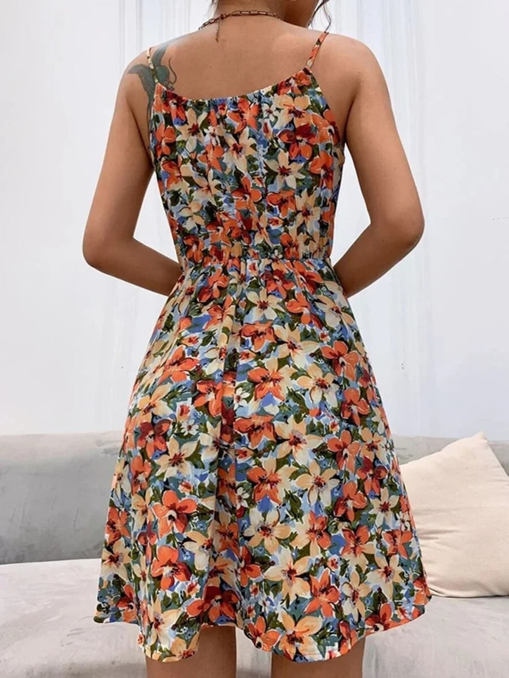 Floral A-line halter dress with lace-up detail and lightweight fabric