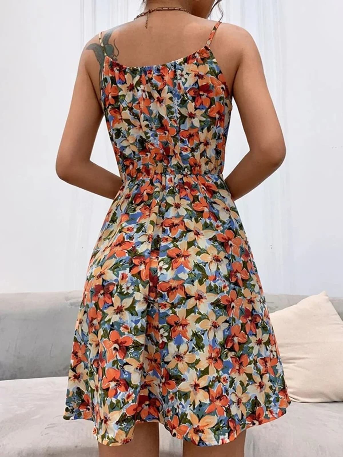 Floral A-line halter dress with lace-up detail and lightweight fabric