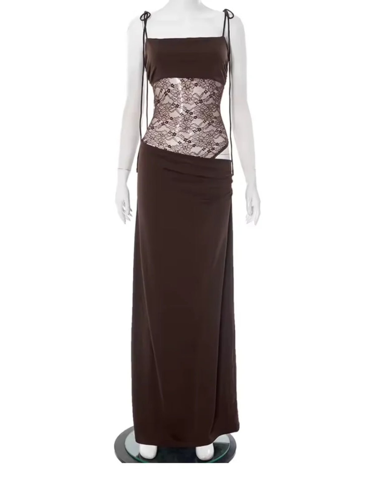 Long dress with lace panel and tied straps, elegant fit.