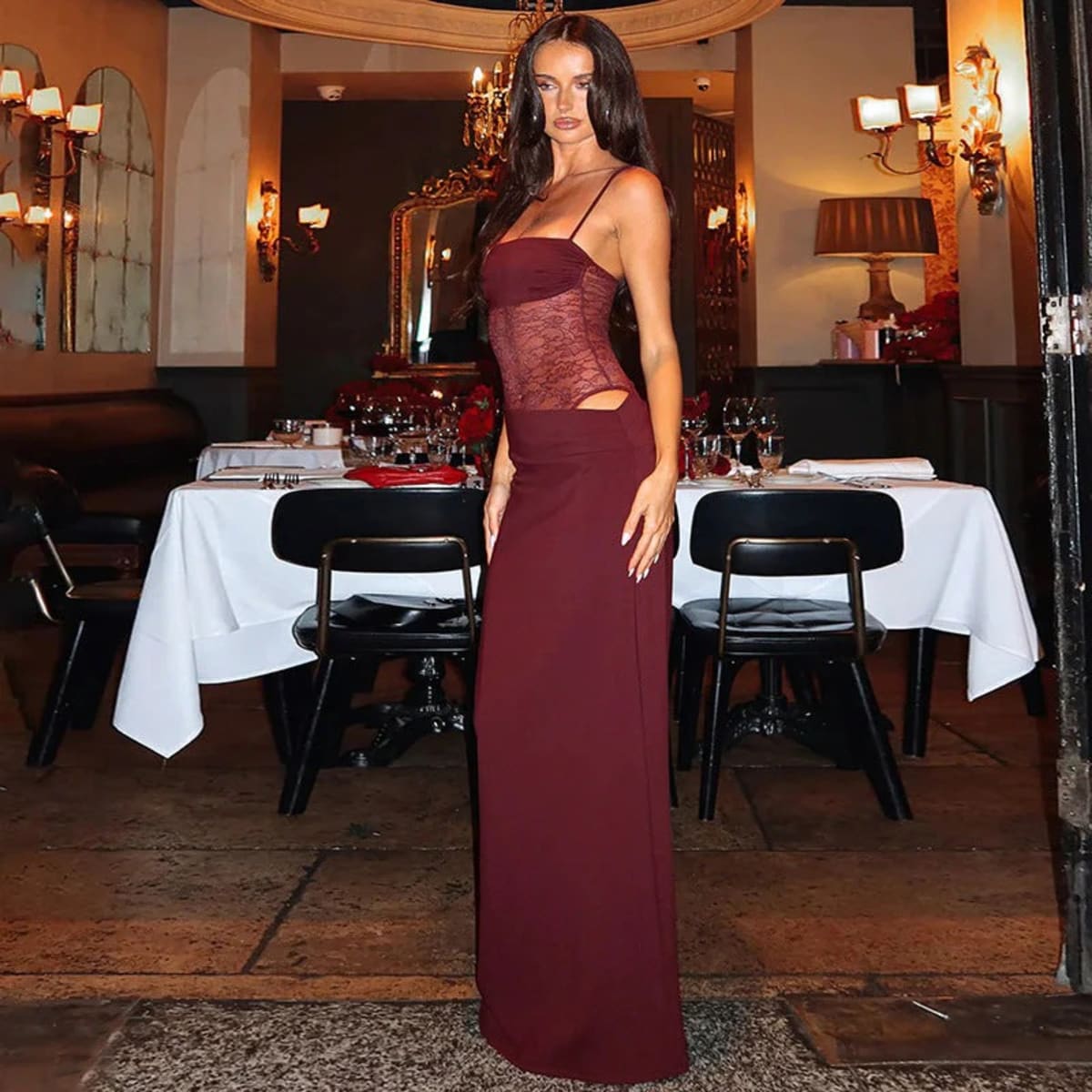 Long dress with lace panel and tied straps, elegant fit.