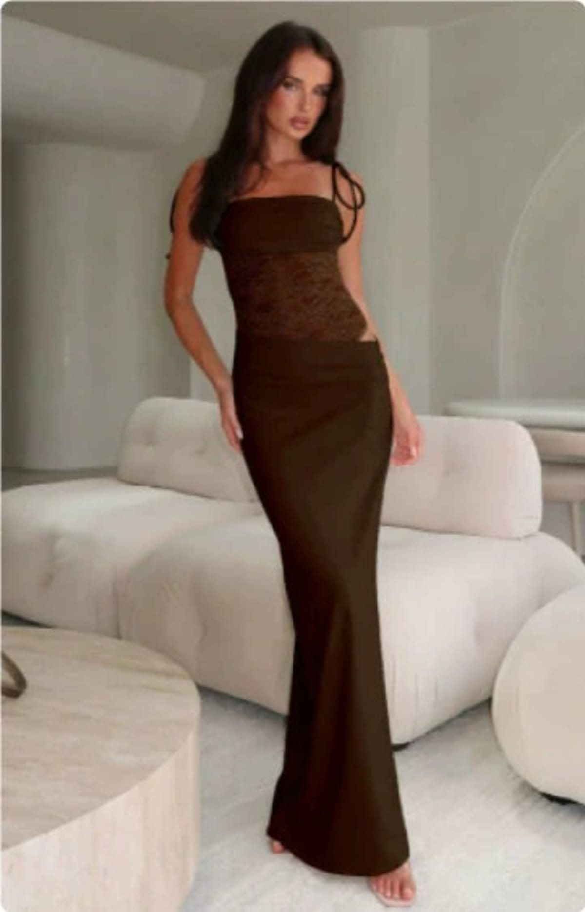 Long dress with lace panel and tied straps, elegant fit.