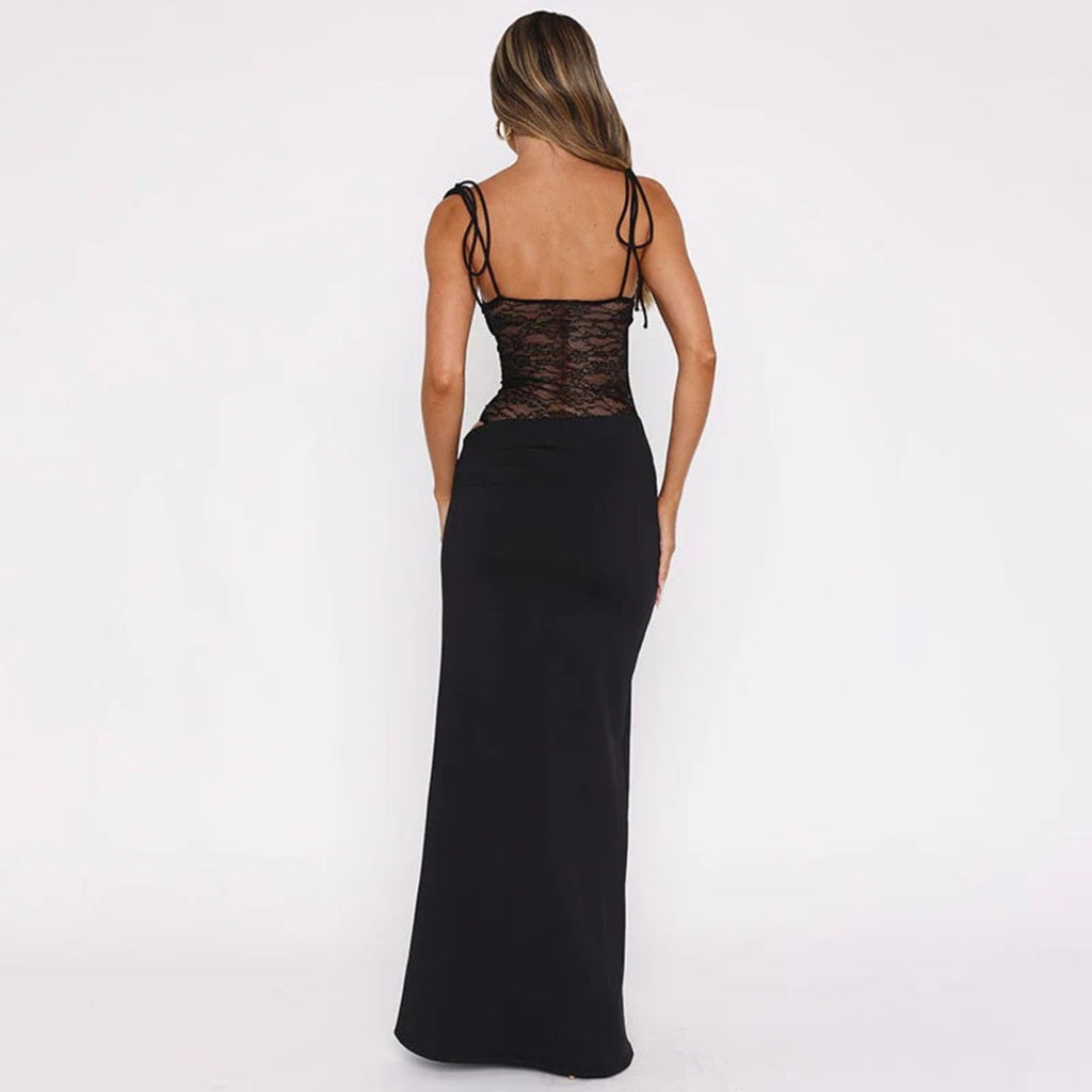 Long dress with lace panel and tied straps, elegant fit.