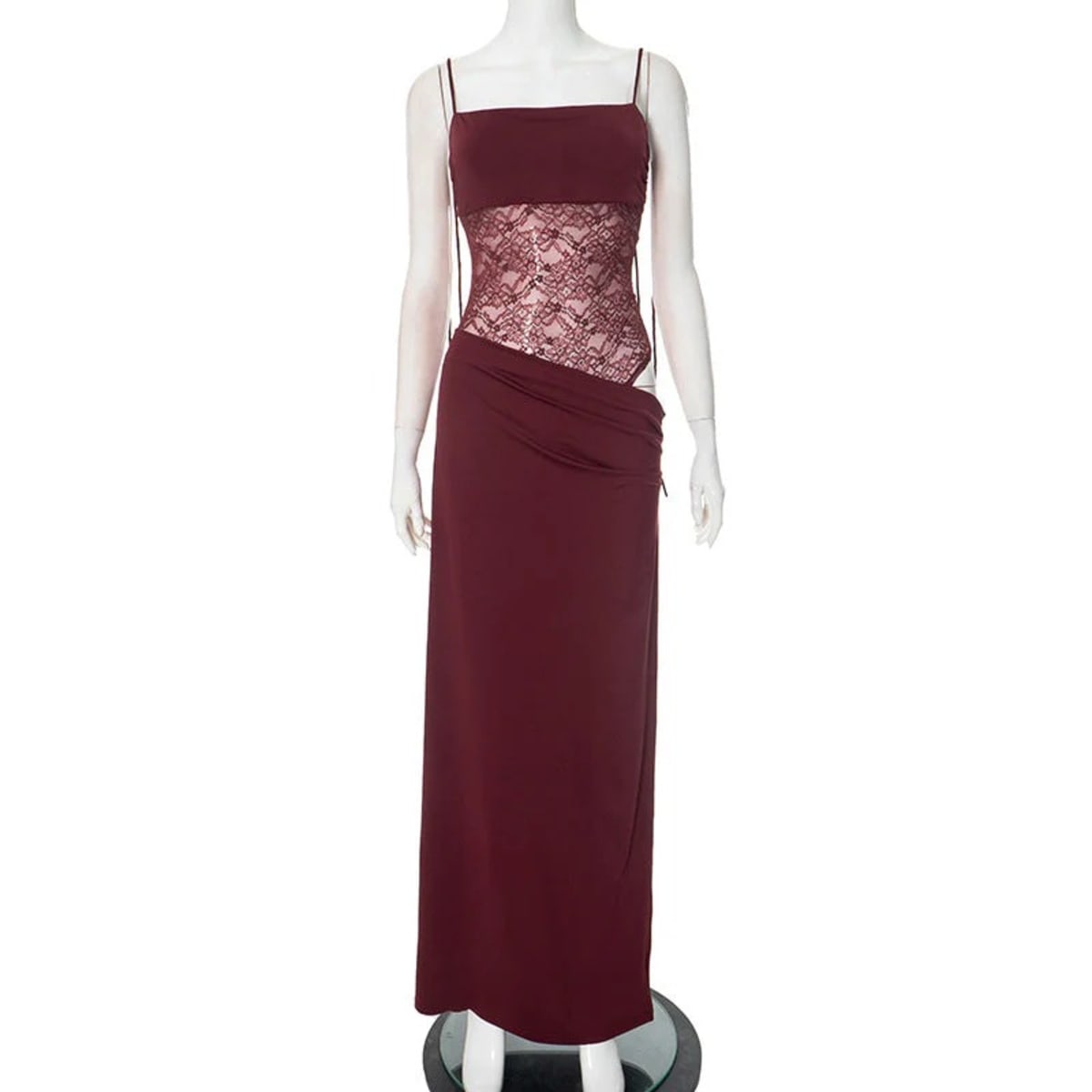 Long dress with lace panel and tied straps, elegant fit.