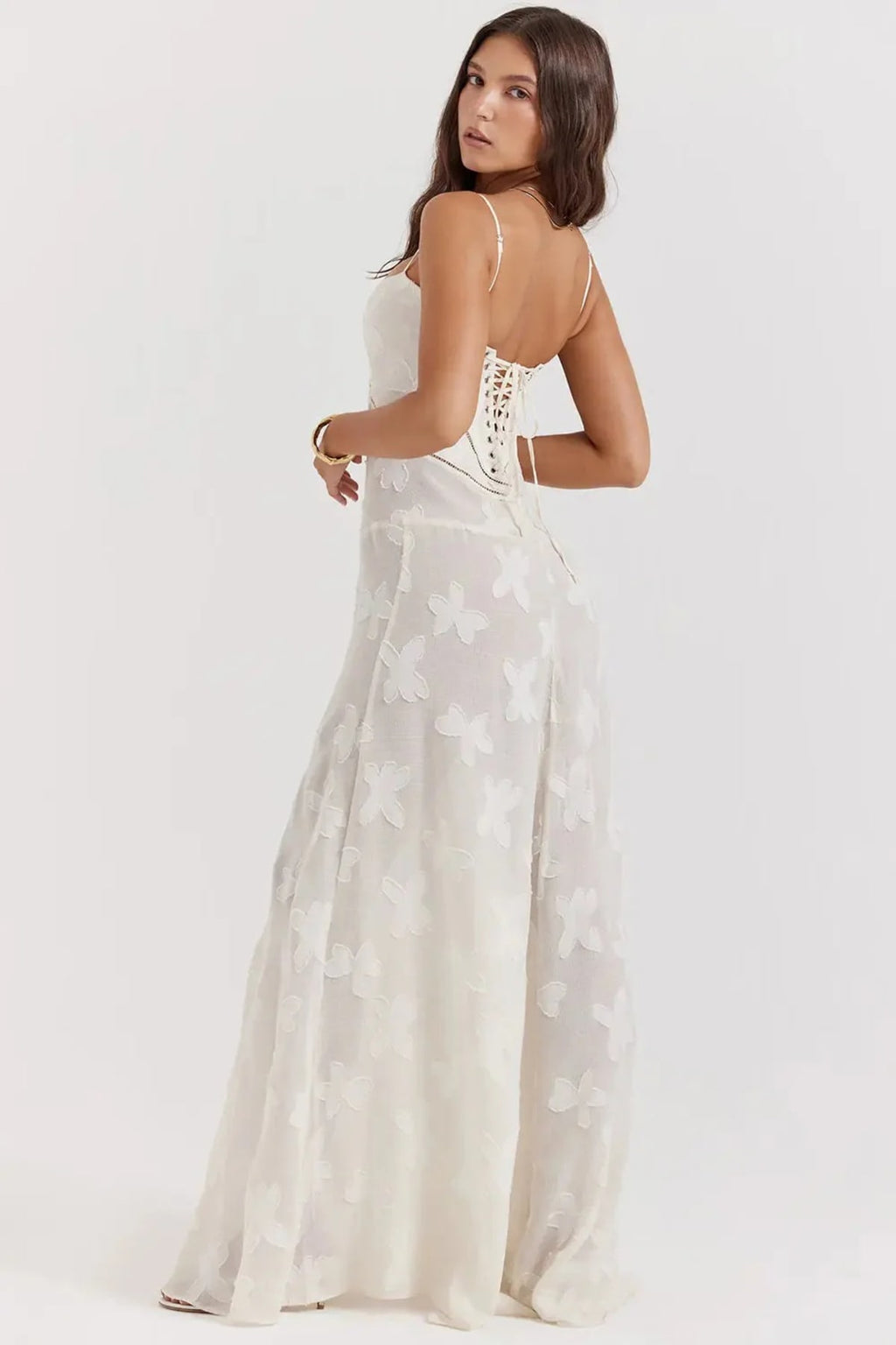 Long summer dress with open back and adjustable straps.