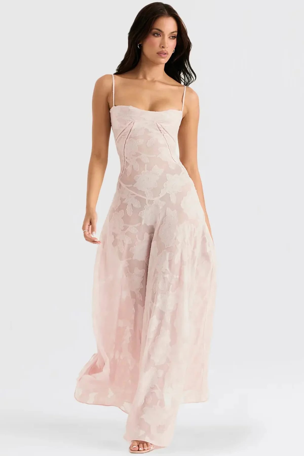 Long summer dress with open back and adjustable straps.