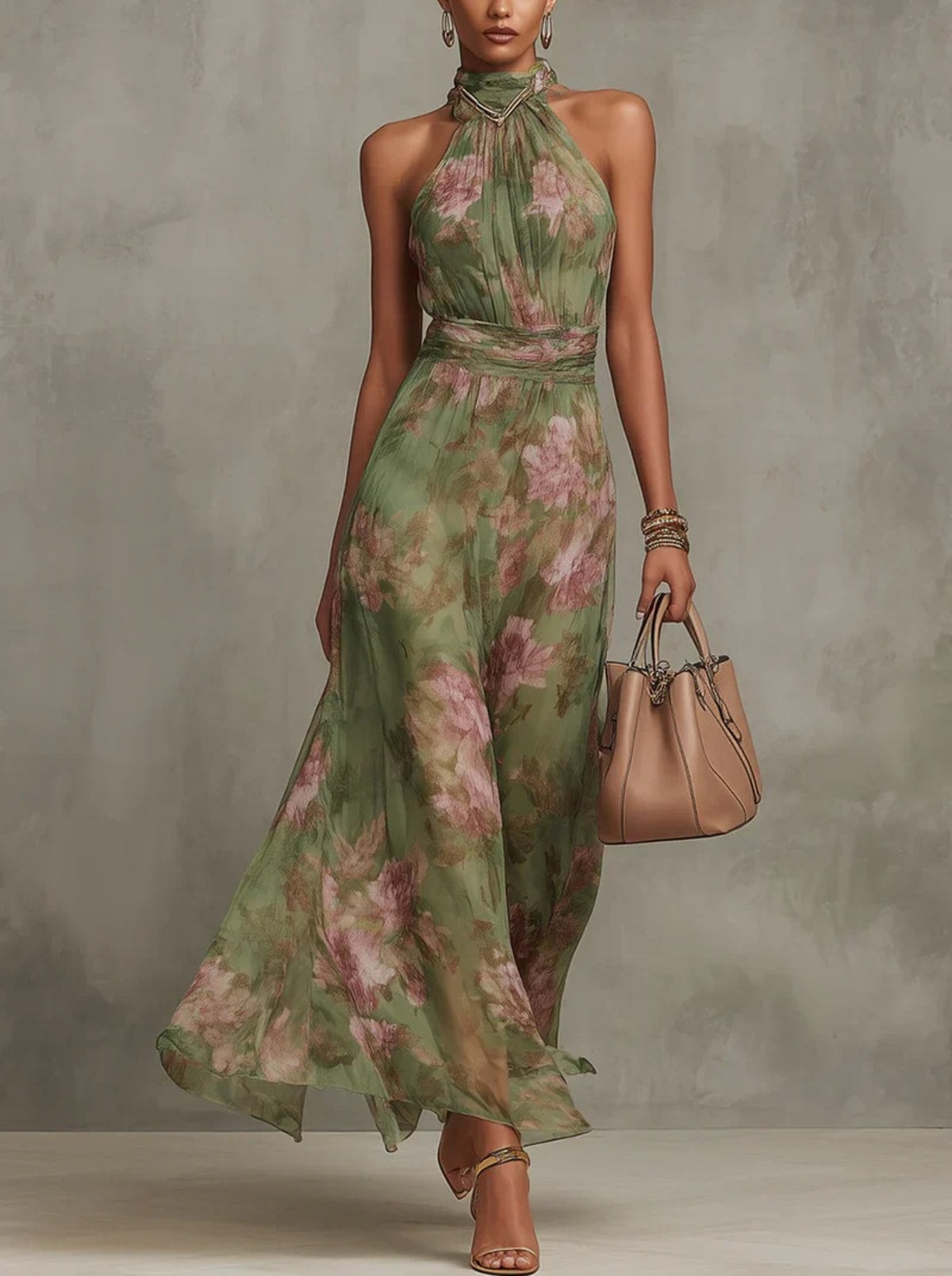 Woman in halter maxi dress with pleated bodice and waist tie