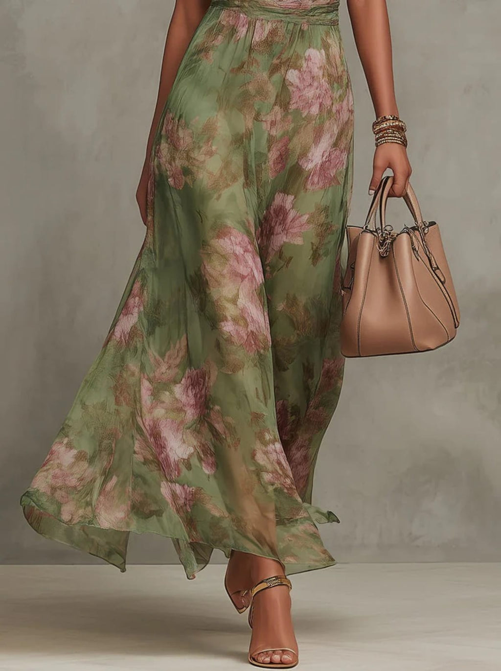 Woman in halter maxi dress with pleated bodice and waist tie