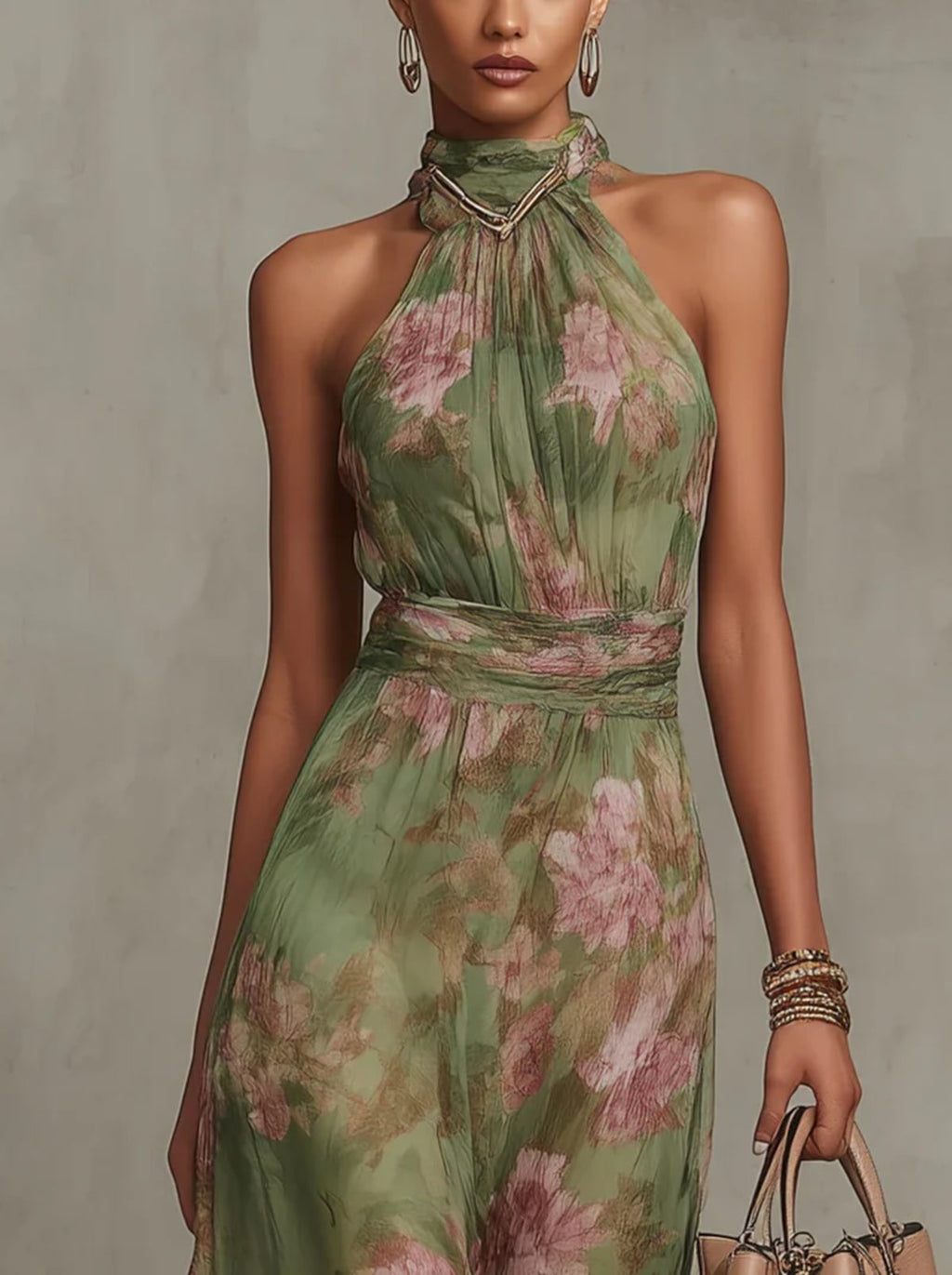 Woman in halter maxi dress with pleated bodice and waist tie