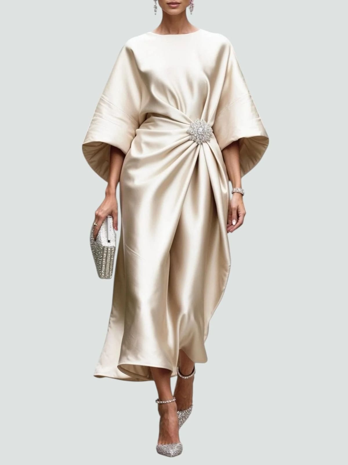 Long elegant dress with refined sheen, flattering silhouette.