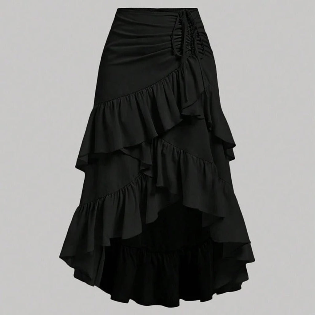 Black high-waisted skirt with drawstring ruching and asymmetrical high-low hem.