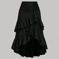 Black high-waisted skirt with drawstring ruching and asymmetrical high-low hem.