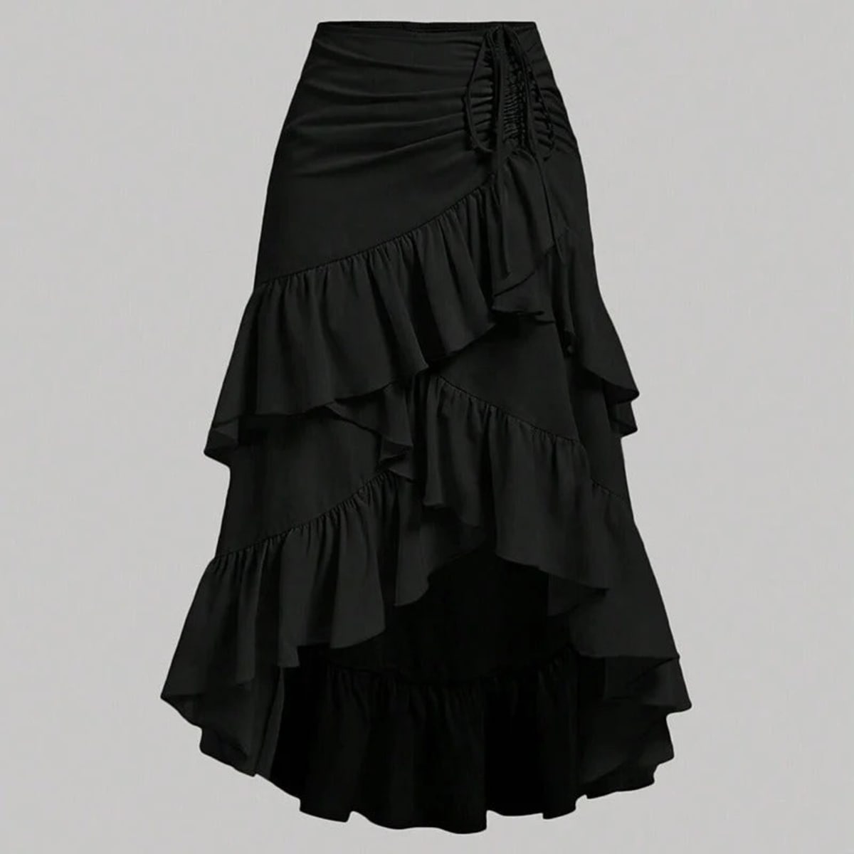 Black high-waisted skirt with drawstring ruching and asymmetrical high-low hem.