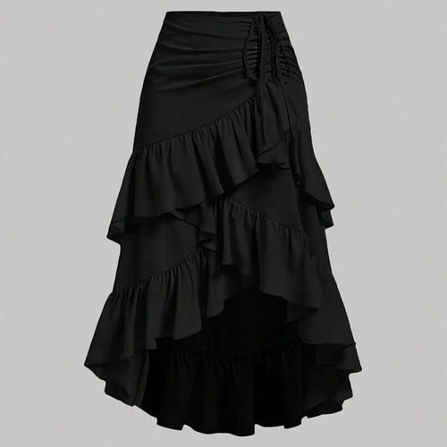 Black high-waisted skirt with drawstring ruching and asymmetrical high-low hem.