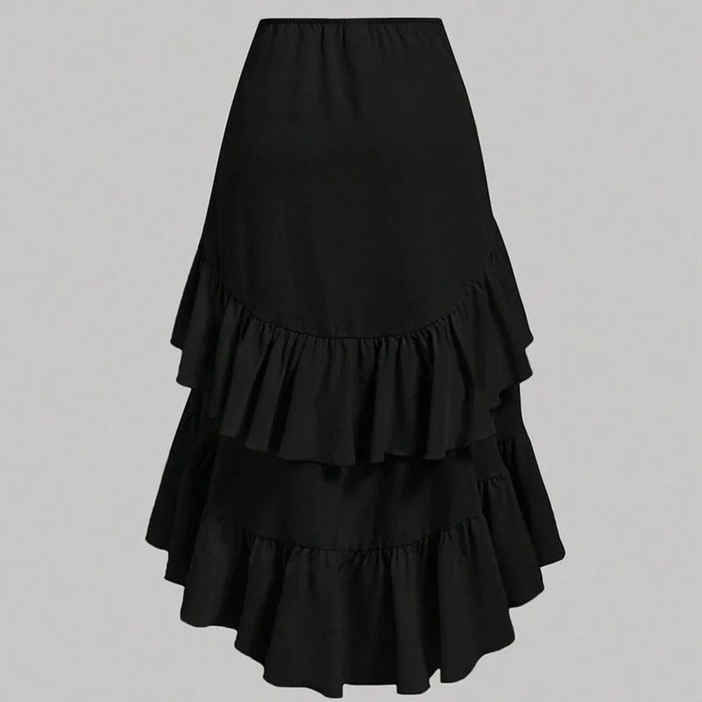 Black high-waisted skirt with drawstring ruching and asymmetrical high-low hem.