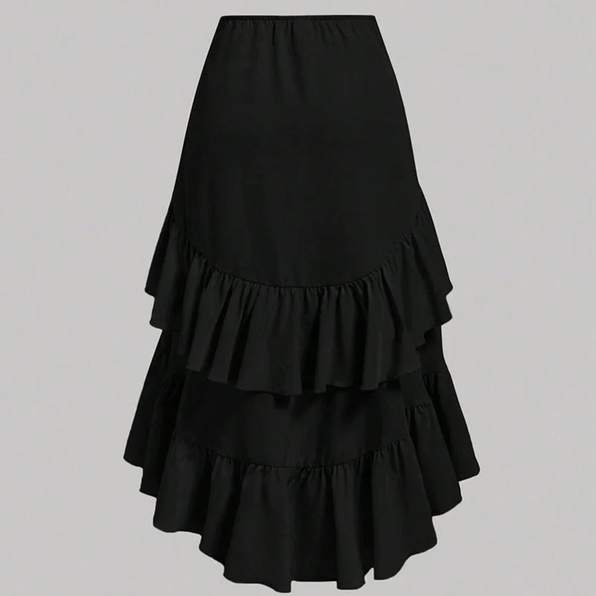 Black high-waisted skirt with drawstring ruching and asymmetrical high-low hem.