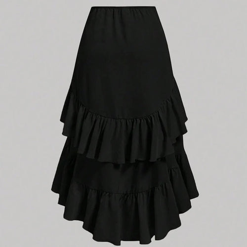 Black high-waisted skirt with drawstring ruching and asymmetrical high-low hem.