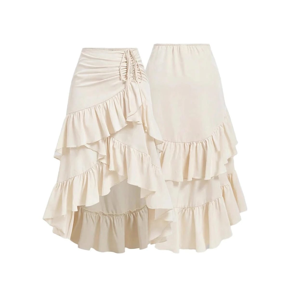 Black high-waisted skirt with drawstring ruching and asymmetrical high-low hem.