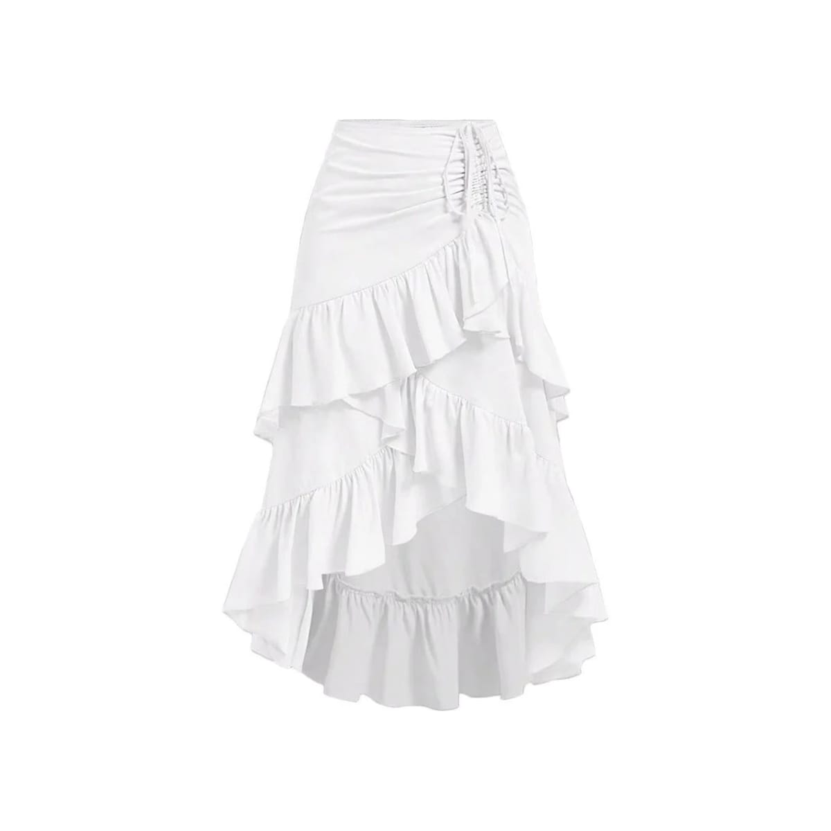 Black high-waisted skirt with drawstring ruching and asymmetrical high-low hem.
