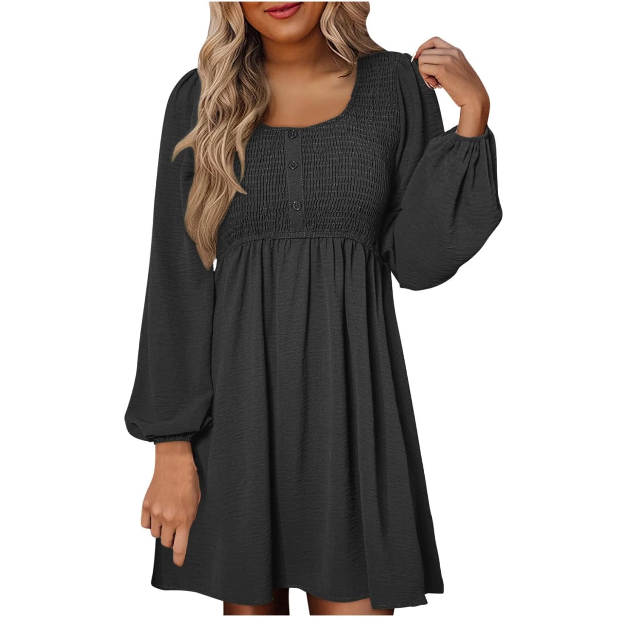 Women's smocked empire waist mini dress with long sleeves and buttons.