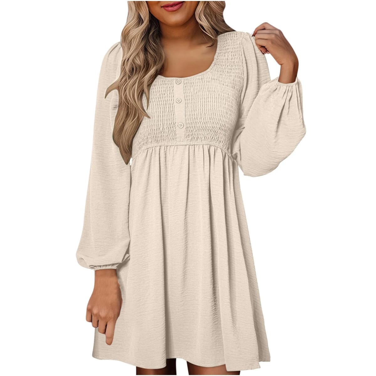 Women's smocked empire waist mini dress with long sleeves and buttons.