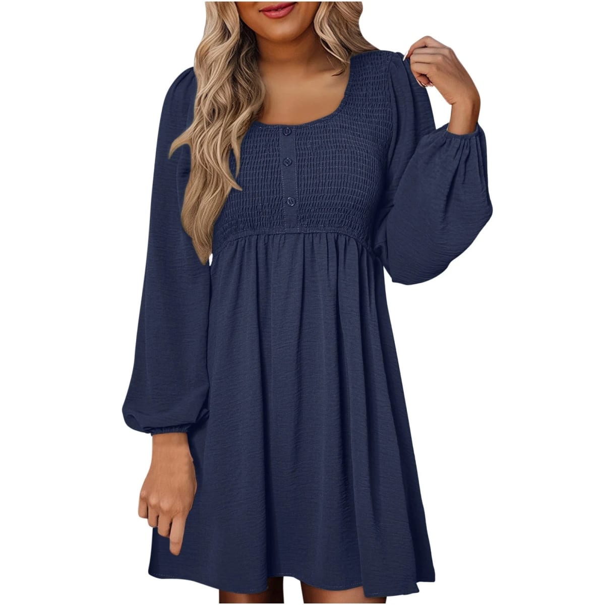 Women's smocked empire waist mini dress with long sleeves and buttons.