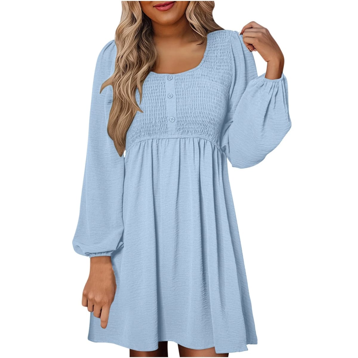Women's smocked empire waist mini dress with long sleeves and buttons.