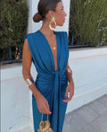 Soft pleated midi dress with no zippers, relaxed fit.