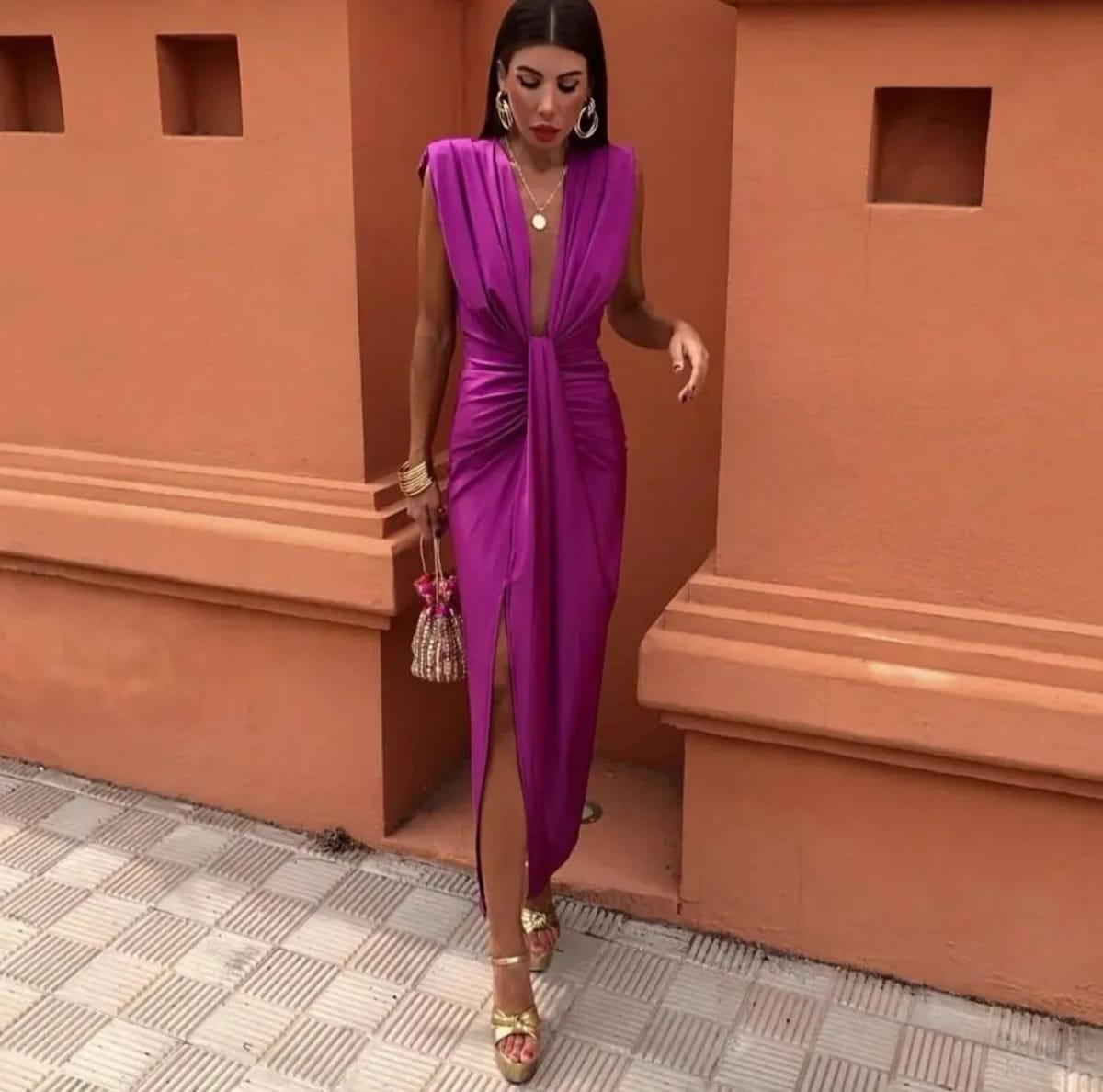 Soft pleated midi dress with no zippers, relaxed fit.